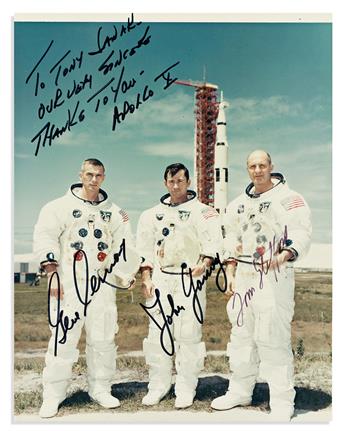 (ASTRONAUTS--APOLLO.) Three color Photographs Signed and Inscribed, by 7 members of the prime crews of Apollo 8, 10, and 12.